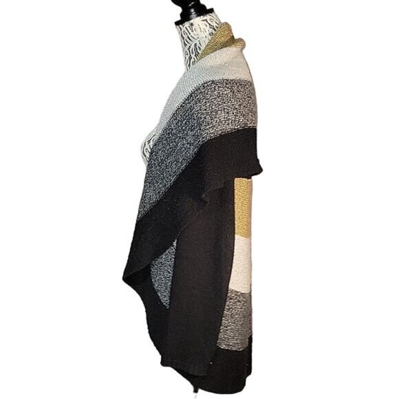 Chicos Womens Striped Open Front Knit Cardigan Wrap Shawl Gold Black White Gray - Picture 2 of 6